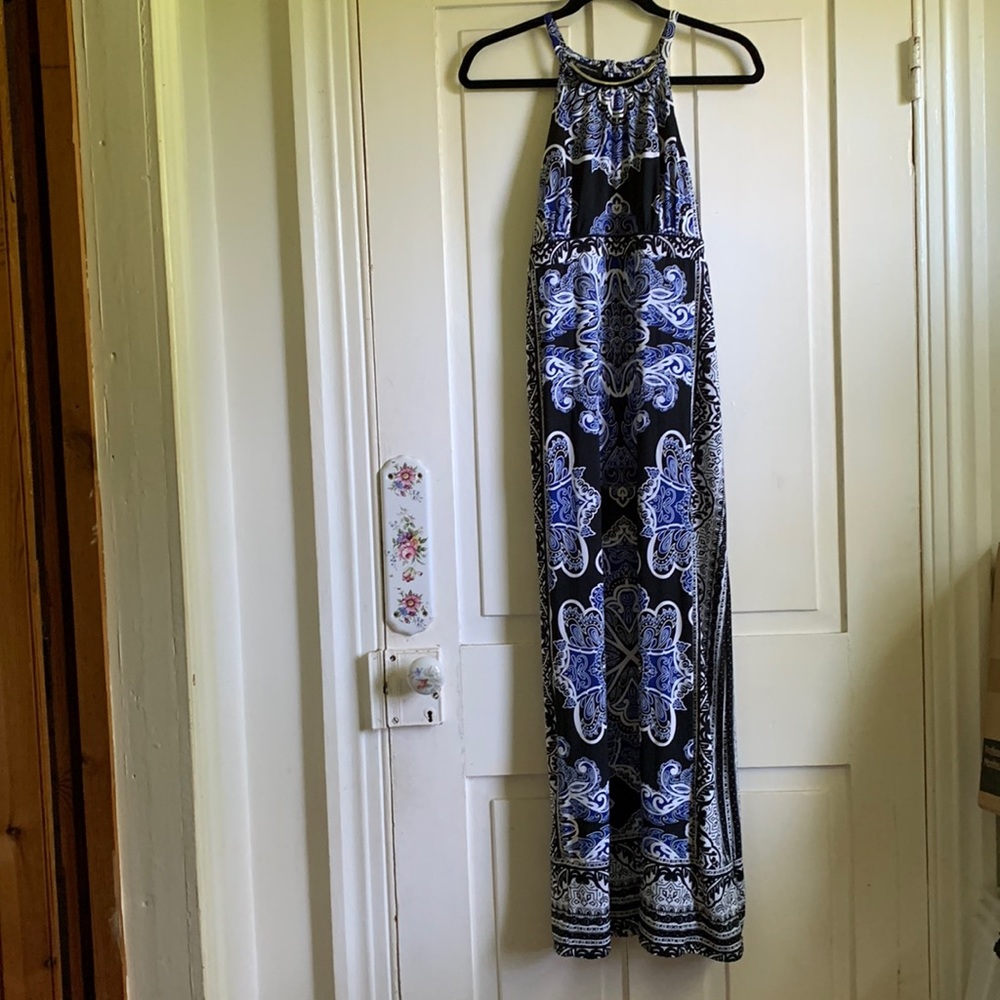 INC Maxi Dress, Size LP, Blue/white/black Paisley Print